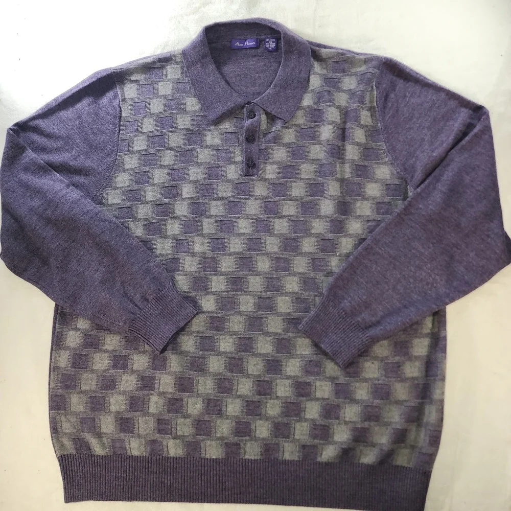 Alan Flusser Mens XXL Merino Wool Blend Purple Checkered LS Polo Sweater